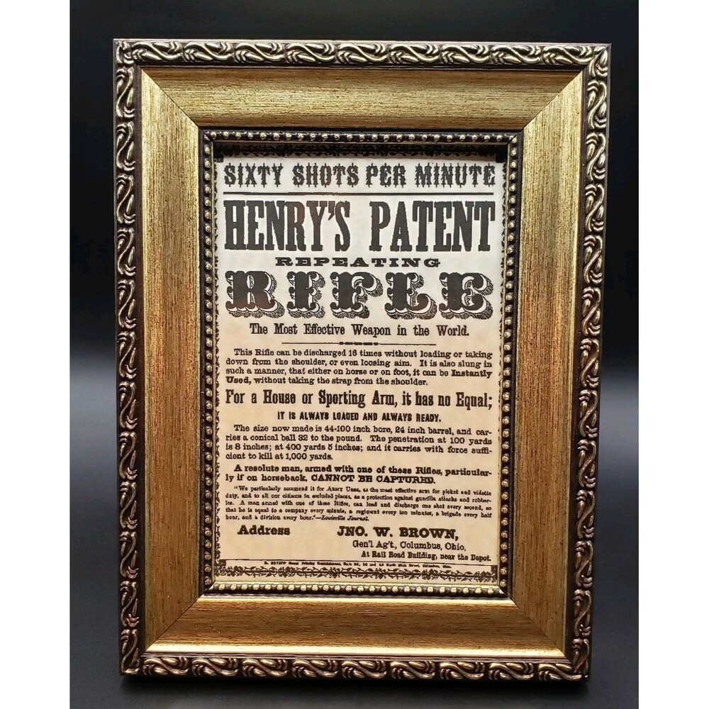 Framed Print Repeating Rifle Shoots Up To Six Shoots Per Minute HENRY'S PATENT!!